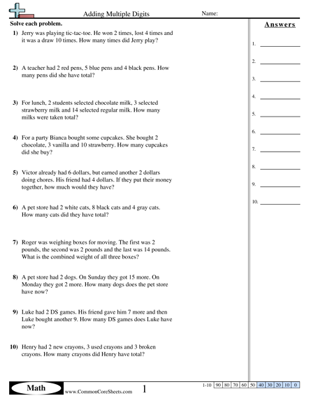 Addition Worksheets - 3 Addends (Less than 20) Word worksheet
